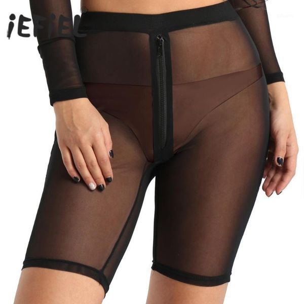 iefiel womens clothing breathable high-waisted front zipper see through sheer mesh shorts clubwear dancewear1, White;black